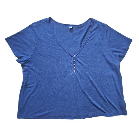 Old Navy Linen Blend Navy Blue V Neck Button Front Top Sz 2X Nautical Summer - Picture 3 of 13